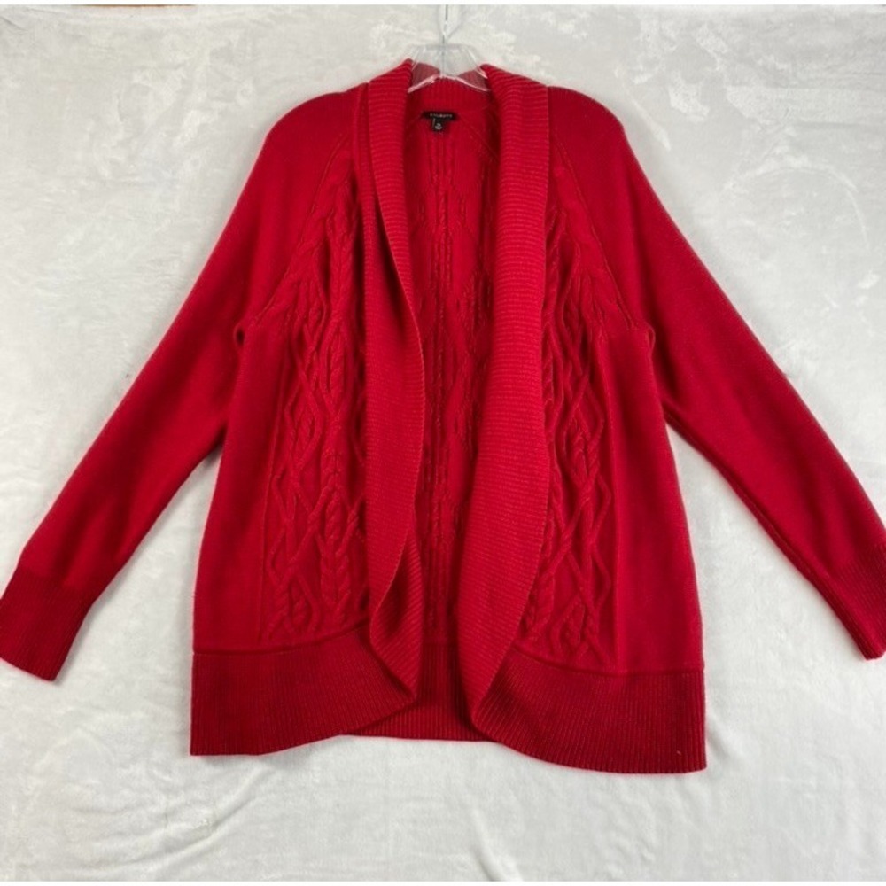 Talbots Open Knit Cardigan Sweater Women Sz XL Red Cables Fisherman Wool Blend